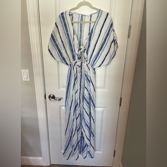 Walker & Wade High Low Swim cover up dress tie front striped blue white - Picture 3 of 8